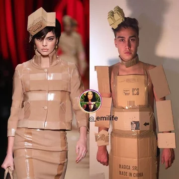 Po prawej Emanuele Ferrari parodiujący kreacje celebrytów 