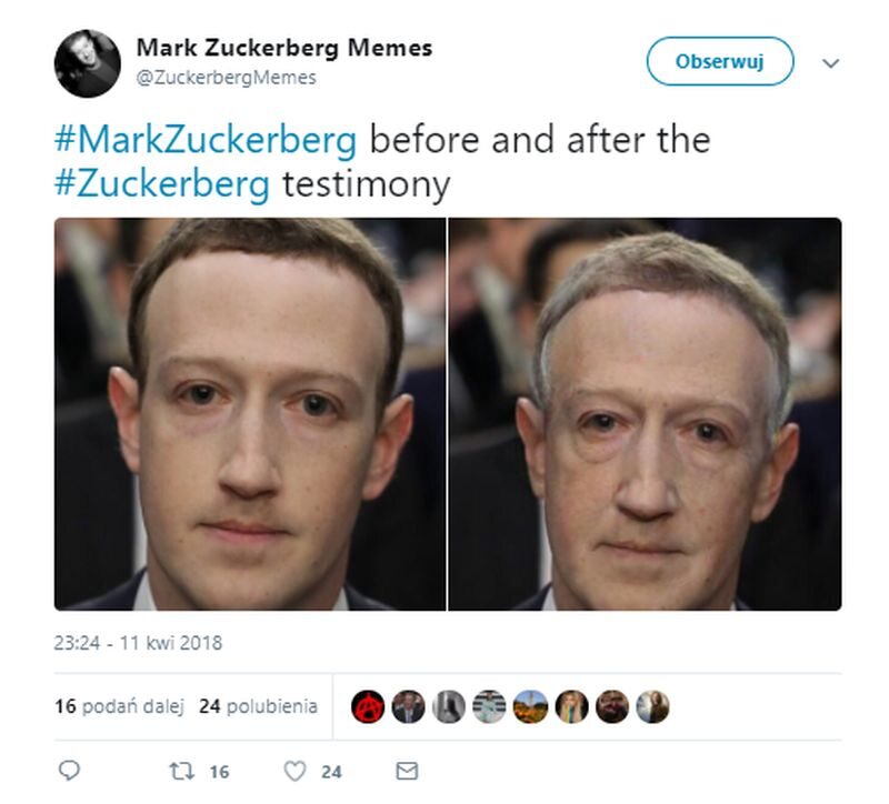 "Mark Zuckerberg przed i po złożeniu zeznań" 