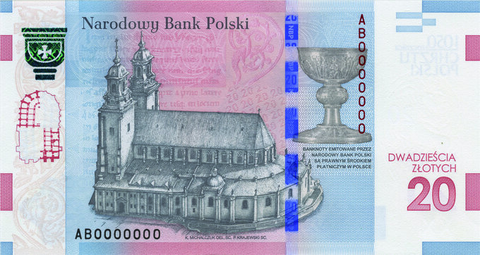 Rewers banknotu „1050-lecie Chrztu Polski”