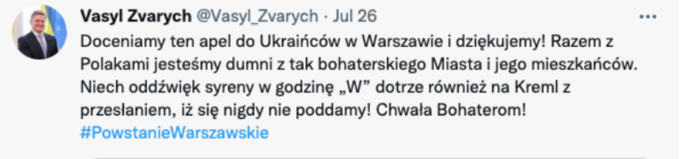 Zrzut ekranu z wpisu na Twiterze Ambasadora Ukrainy w Polsce