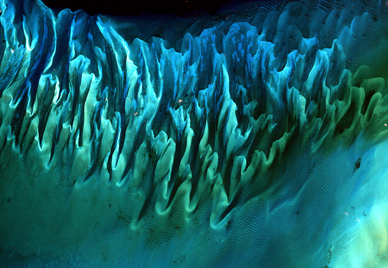 Zdjęcie satelitarne piasków i wodorostów na Bahamach Pływy i prądy oceaniczne na Bahamach rzeźbiły piasek i wodorosty w te wielokolorowe, karbowane wzory w podobny sposób, jak wiatry rzeźbią rozległe wydmy na Saharze.