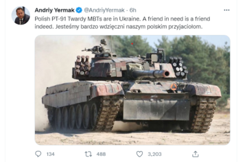 Zrzut ekranu wpisu na&nbsp;Twiterze szefa biura prezydenta Ukrainy Andrija Jermaka