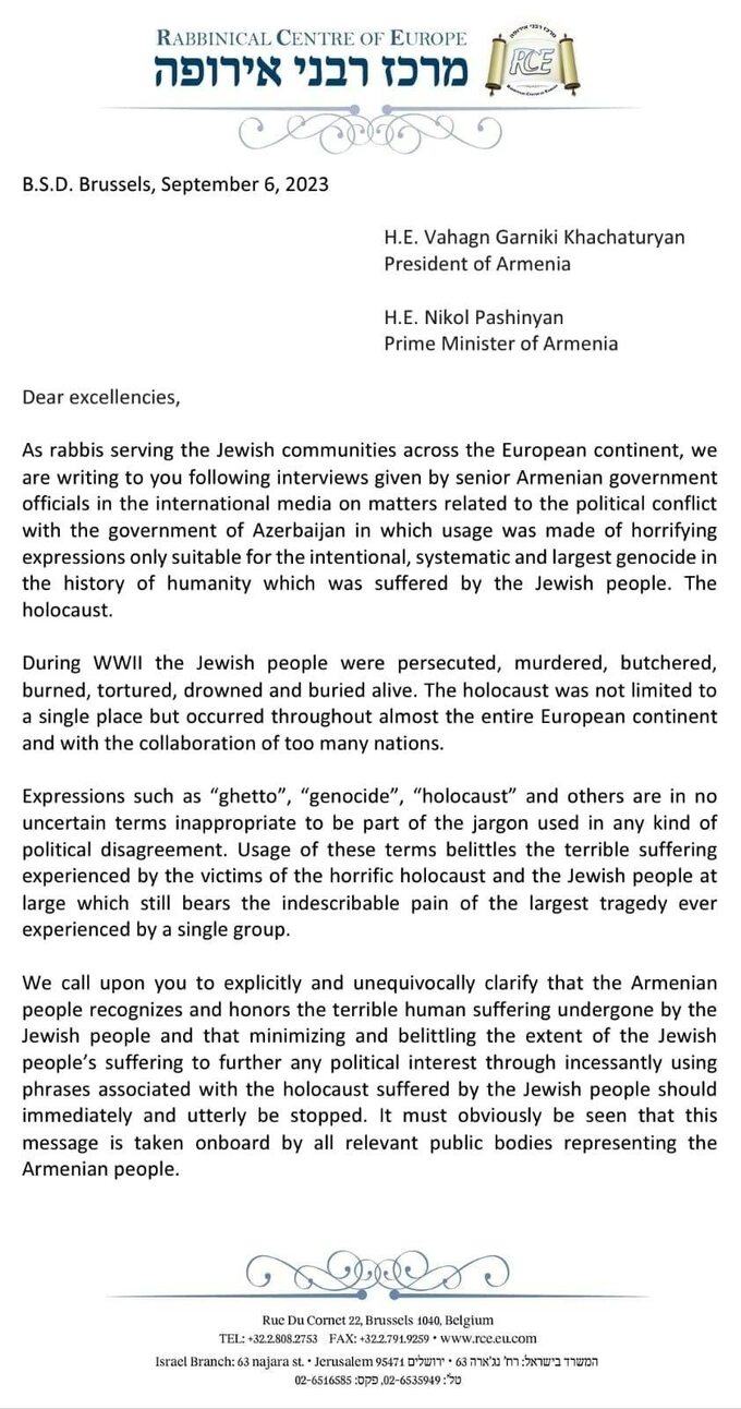 List rabinów do władz Armenii