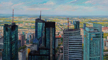 Warszawa, widok ze&nbsp;Złotej 44, p&oacute;łnoc, 90x160cm, 2021; Wystawa malarstwa Łukasza Zedlewskiego