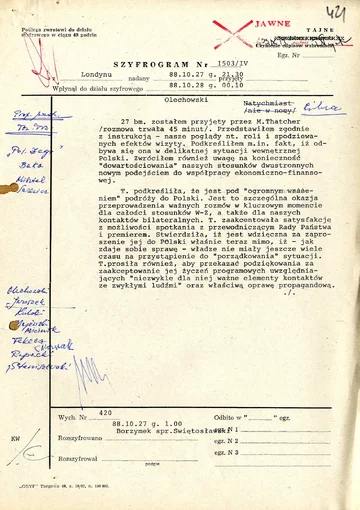 Szyfrogram ambasadora PRL w Londynie Zbigniewa Gertycha o rozmowie z premier Thatcher w sprawie planowanej wizyty, 27 października 1988 r., strona 1 (AMSZ).