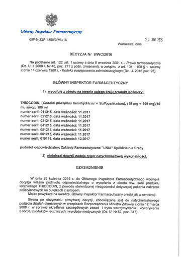 Decyzja Gł&oacute;wnego Inspektoratu Farmaceutycznego Nr 9/WC/2016