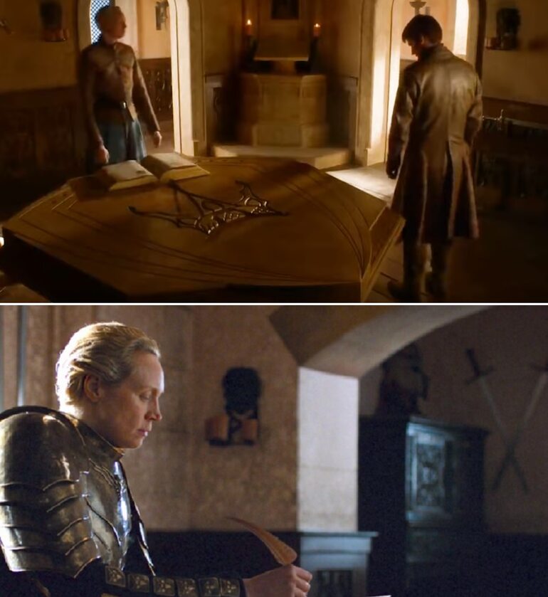 Brienne i Jamie Ostatnia scena z Brienne pokazuje ją, gdy dokańcza historię Jamie'ego Lannistera. Spotkali się oni w tym samym pokoju i przy tej samej księdze w czwartym sezonie serii.
