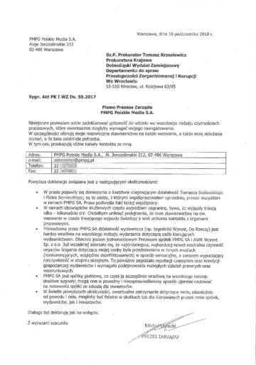 Pismo Michała Lisieckiego do&nbsp;prokuratury