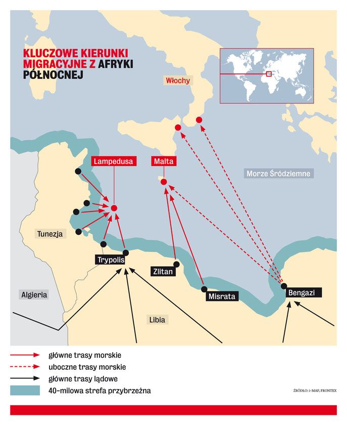 Kluczowe kierunki migracyjne z Afryki Północnej (fot.Wprost/I-map, Frontex)