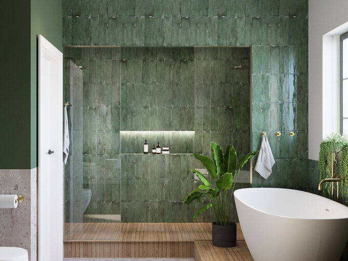 Zielona łazienka urządzona w stylu nature core