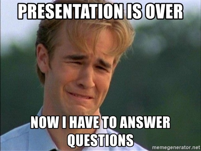 Mem z Dawsonem „Kiedy kończysz swoją prezentację i musisz odpowiadać na pytania”
