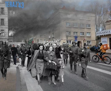 Nowolipie róg Smoczej, widok w kierunku wschodnim. Płonąca kamienica Nowolipie 62/Smocza 2. Fotografia oryginalna pochodzi z amerykańskiego egzemplarza raportu Stroopa.