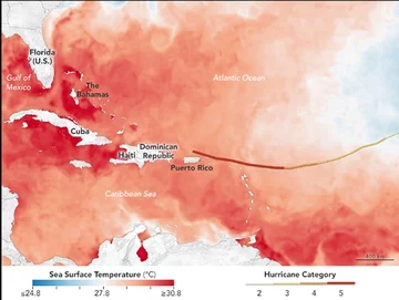 Trasa huraganu Irma. Im intensywniejsza czerwień, tym cieplejsza woda w oceanie 