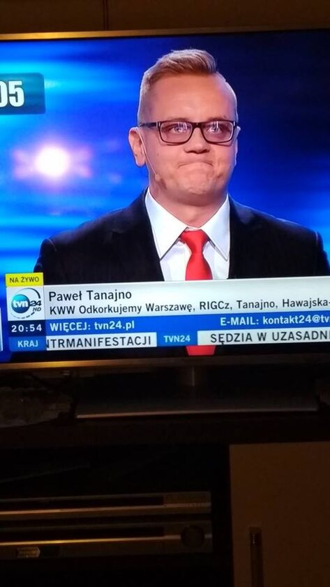 Paweł Tanajno i pełna nazwa jego komitetu na paskach telewizji informacyjnych 