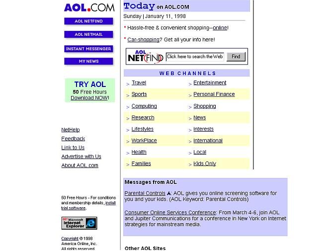 Zrzut ekranu ze strony AOL.com ze stycznia 1998 roku (archive.org)