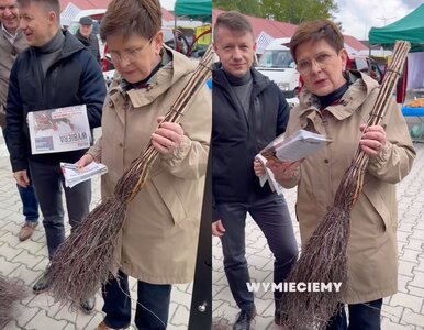 Miniatura: Beata Szydło z miotłą na targu. Rekwizyt...