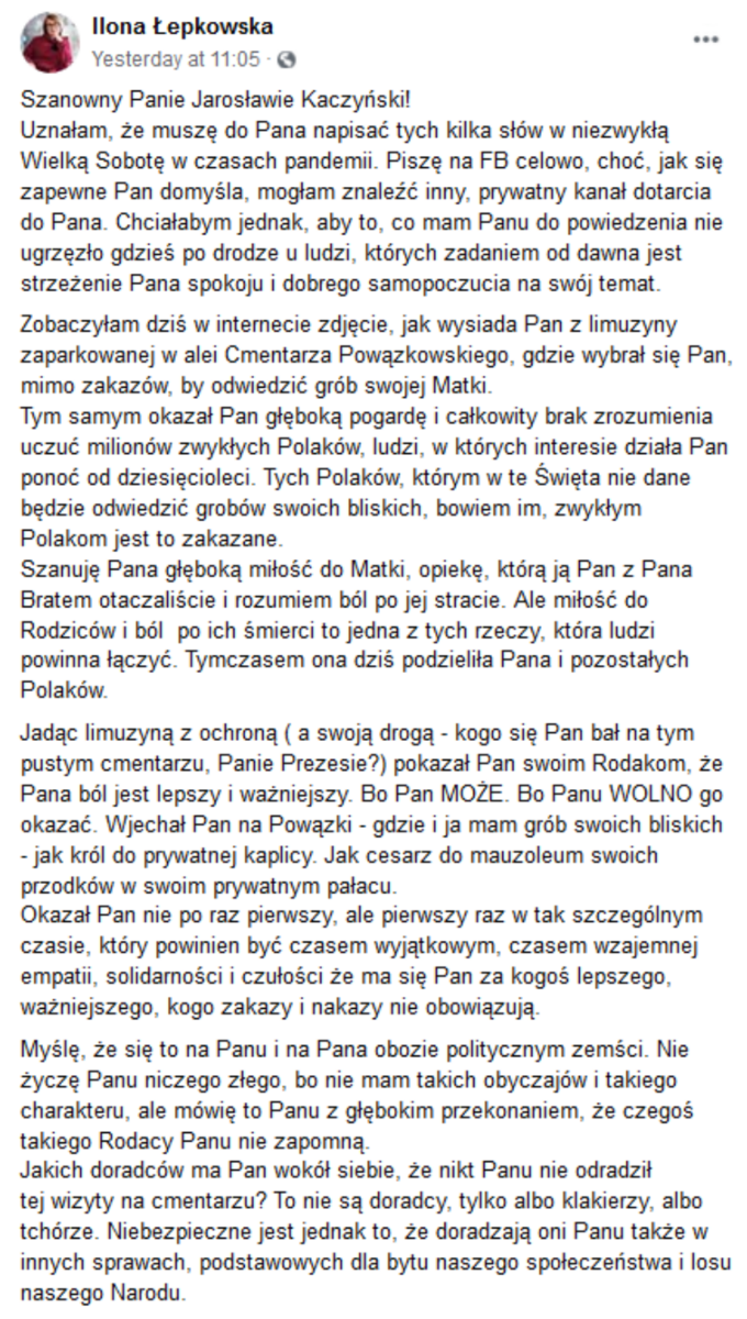 Ilona Łepkowska do prezesa PiS