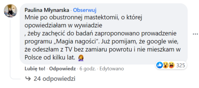 Screen z Facebooka Jakuba Żulczyka/komentarz Pauliny Młynarskiej