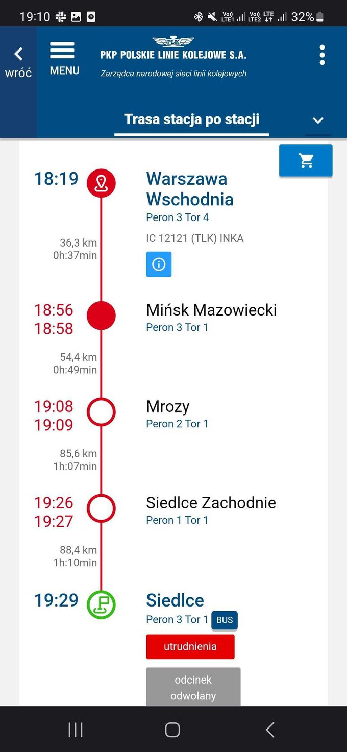 Pociąg IC, który miał odjechać o 17:25, a odjechał o 18:19