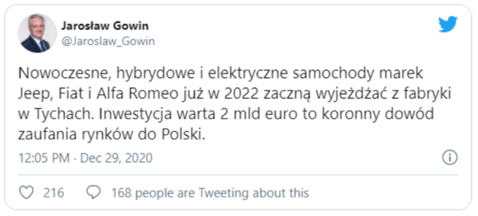Skasowany twitt Jarosława Gowina