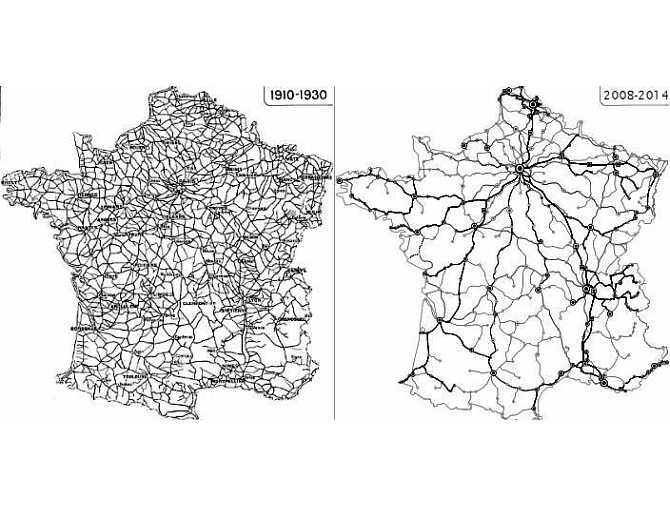 ie tylko w Polsce sieć kolejowa skurczyła się w drugiej połowie wieku. Mapa przestawia czynne linie kolejowe we Francji w zaznaczonych latach.