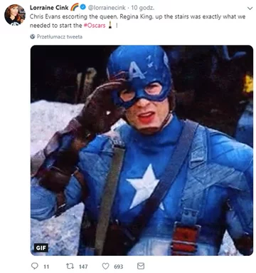 Chris Evans (filmowy Kapitan Ameryka) ratuje damę z opresji i pomaga Reginie King wejść na scenę <3 