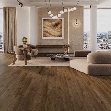 Panele winylowe Senti Floors Dąb Miraggio w&nbsp;głębokim, ciemnym odcieniu nadają wnętrzu elegancji i&nbsp;wyrazistego charakteru, tworząc kontrastową, stylową bazę aranżacji