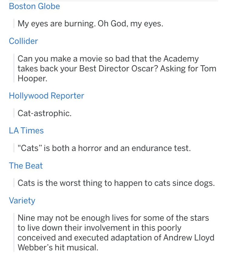 Fragmenty prawdziwych recenzji filmu „Koty” w poważnych portalach 