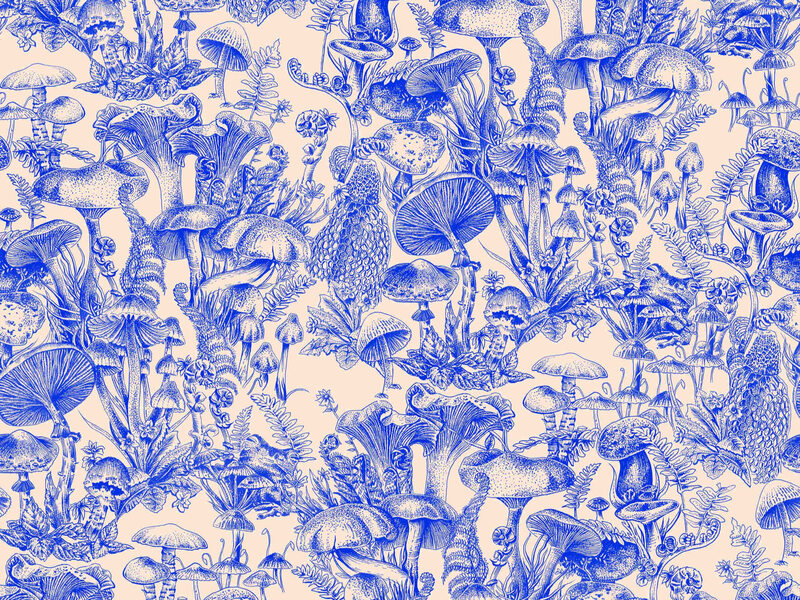 Współczesna wersja toile de Jouy – Fungi Forest, tkanina i tapeta zaprojektowana przez Stellę McCartney