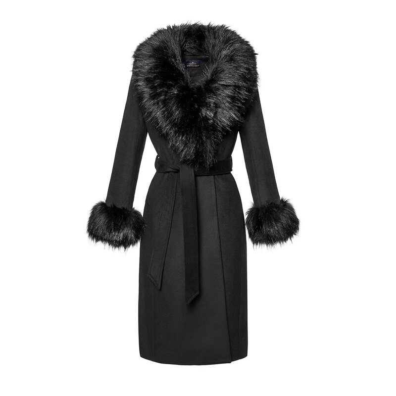 Czarny, taliowany płaszcz z&nbsp;futrzanymi detalami od&nbsp;WITTCHEN