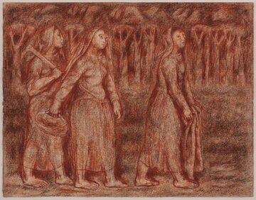 Tadeusz Kulisiewicz, Idące w&nbsp;pole &mdash; Szlembark, 1939, sangwina, papier, 38 &times; 48,8 cm, kolekcja Jacka Łozowskiego