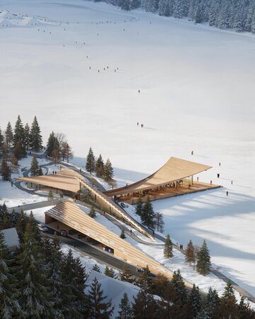 Drewniany pawilon nad jeziorem w&nbsp;St. Moritz zaprojektowany jako naturalne przedłużenie alpejskiego krajobrazu