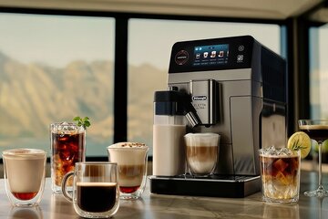 Ekspres De&rsquo;Longhi Eletta Ultra na&nbsp;kuchennym blacie z&nbsp;r&oacute;żnymi napojami kawowymi