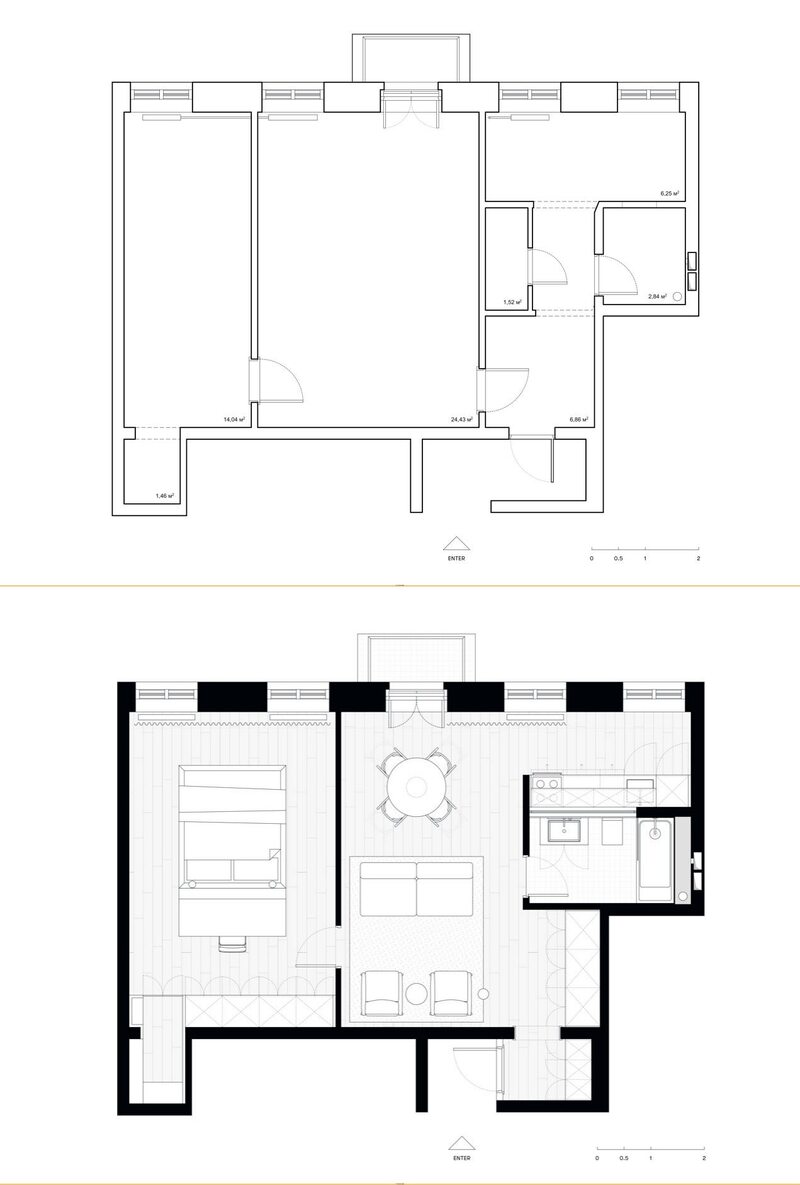 Plan mieszkania przed i po remoncie, projekt Hi atelier