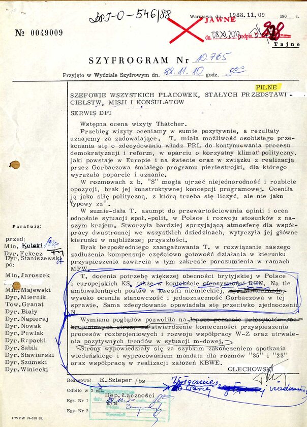 Okólnik do wszystkich polskich placówek dyplomatycznych i konsularnych w sprawie wizyty, 9 listopada 1988 r. (AMSZ).