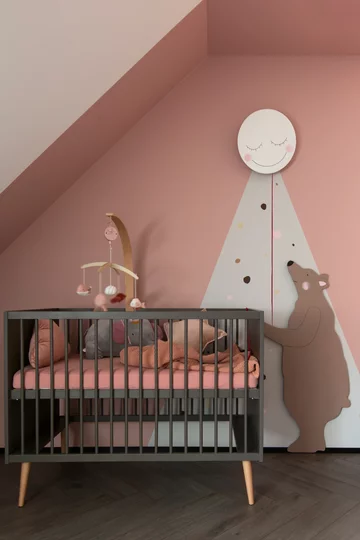 Projekt wnętrza The Wall Pracownia Architektury batman, pokój dziecięcy, łazienka pod skosem, poddasze