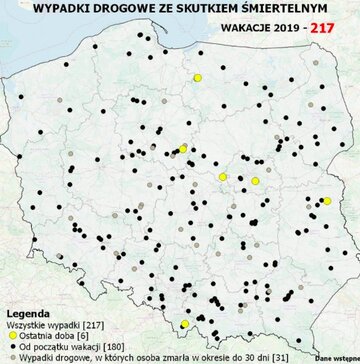 Mapa wypadk&oacute;w ze&nbsp;skutkiem śmiertelnym (18/07/2019)