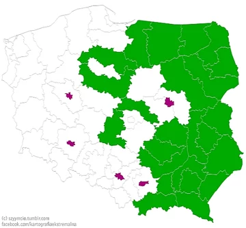 Widać, bardzo metropolie ciągną gospodarczo kraj. Obszary zaznaczone na fioletowo skupiają 4,4 mln Polaków i wytwarzają 372 675 mln zł PKB. Zaznaczone na zielono zamieszkane są przez 13 mln ludzi i wytwarzają 359 994 mln zł PKB.