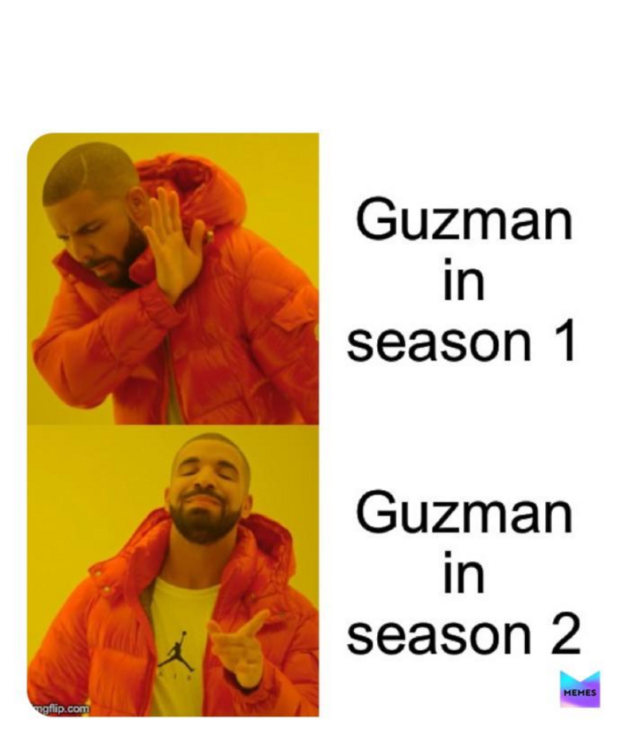 Mem inspirowany serialem „Szkoła dla elity” Guzman w 1. sezonie/Guzman w 2. sezonie