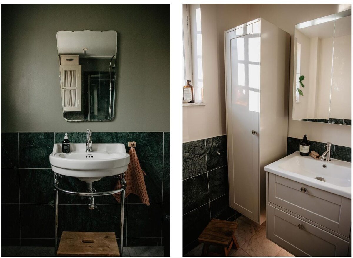 Łazienka w domu Emelie Sundberg, wersja przed (po lewej) i po zmianie. Zielone ściany okazały się zbyt ciemne – w Szwecji słonecznych dni jest niewiele, łazienka była wiec przez większość roku dość przygnębiająca 
