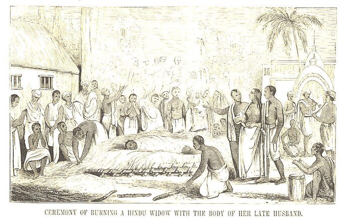 Rycina przedstawiająca palenie indyjskich kobiet z publikacji amerykańskiej z 1851 r.