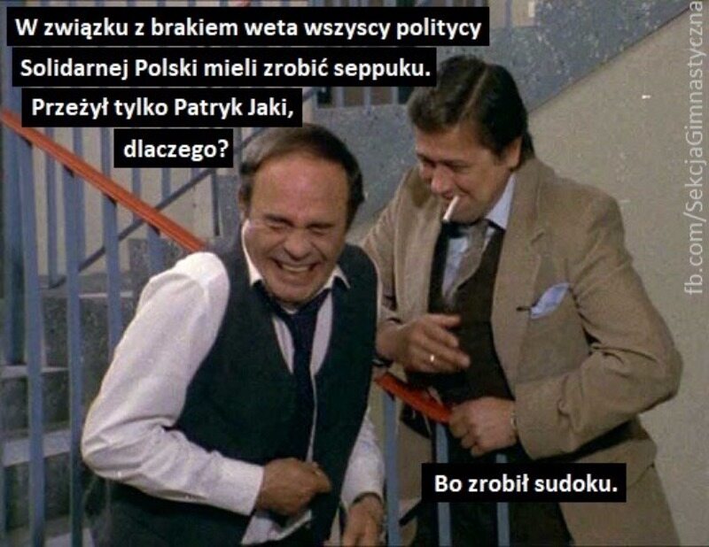Mem podsumowujący „weto albo śmierć” Solidarnej Polski 