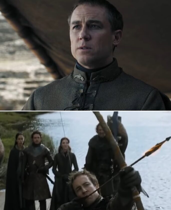 Lord Edmure Tully rozładowuje napięcie Lord Edmure Tully rozładowuje w końcówce finałowego odcinka napięcie swoim wystąpieniem, chcąc zaprezentować siebie jako godnego kandydata do objęcia tronu. W końcu Sansa prosi go, aby usiadł i ten słucha jej rozkazu. Już wcześniej we wzniosłych momentach zdarzało mu się postępować nie na miejscu, np. gdy w 3. sezonie próbował zapalić od płonącej strzały łódź z ciałem swojego ojca, jednak w nią nie trafił.