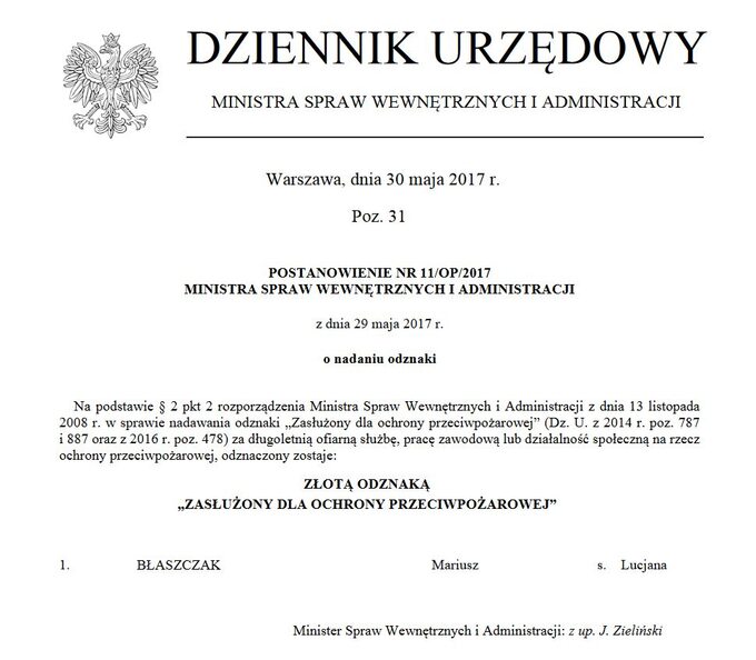 Postanowienie o odznaczeniu Mariusza Błaszczaka