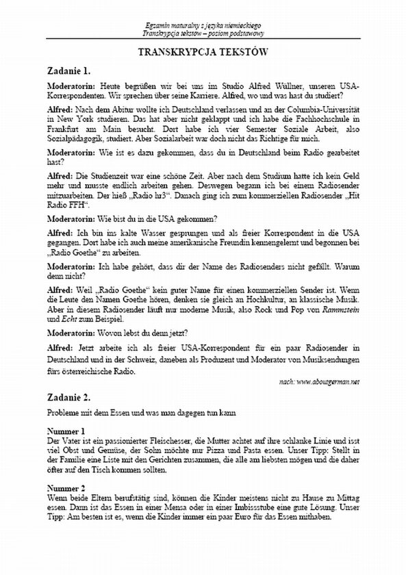 Transkrypcja matury z języka niemieckiego. Poziom podstawowy (fot.CKE)