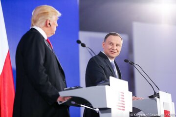 Donald Trump i&nbsp;Andrzej Duda podczas spotkania z&nbsp;mediami