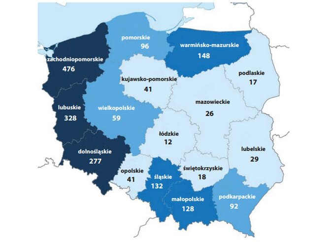 Dane dotyczące rozmieszczenia cmentarzy komunalnych według województw