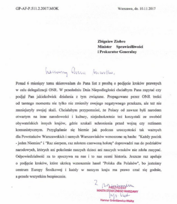 Pismo Prezydent Warszawy do&nbsp;Ministerstwa i&nbsp;Prokuratury