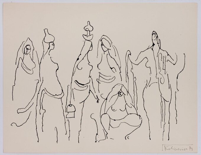 Tadeusz Kulisiewicz, Kobiety, z cyklu Indie, 1973, tusz, papier, 27,7 × 36 cm, kolekcja Jacka Kudelskiego