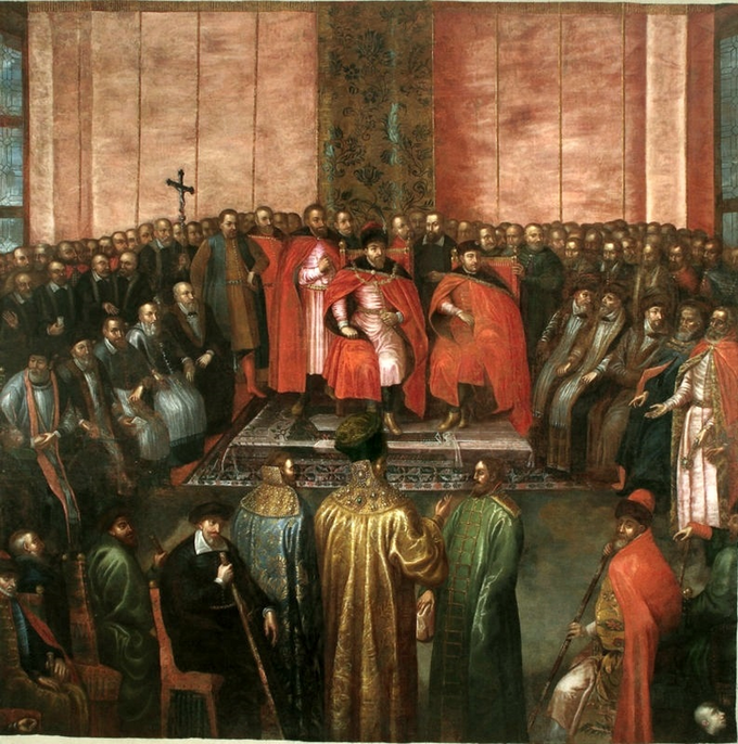 Stanisław Żółkiewski przedstawia królowi Zygmuntowi III na sejmie warszawskim w 1611 roku pojmanych braci Szujskich